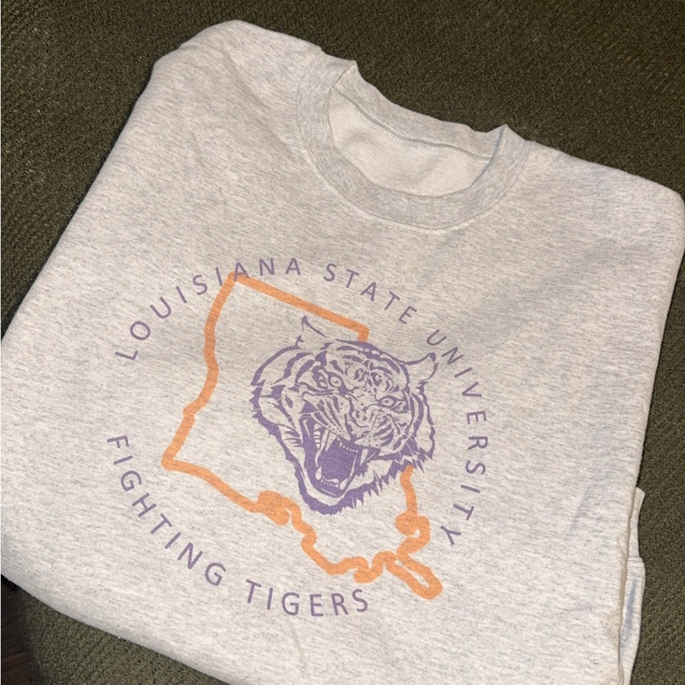 Gildan Gray Crew Neck Sweater with Purple and Orange Print